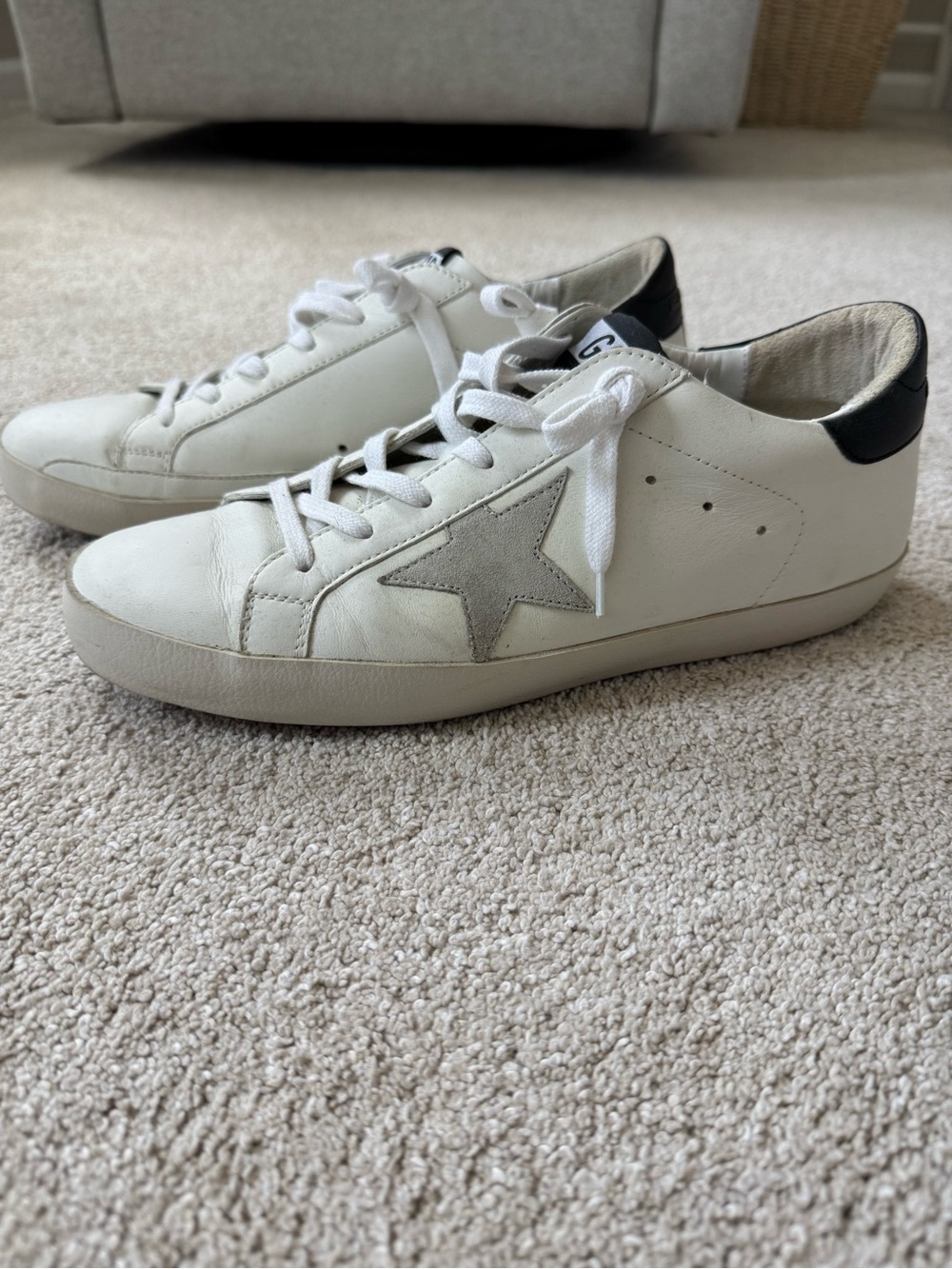 Golden Goose White Leather Sneakers with Gray Star and Black Heel